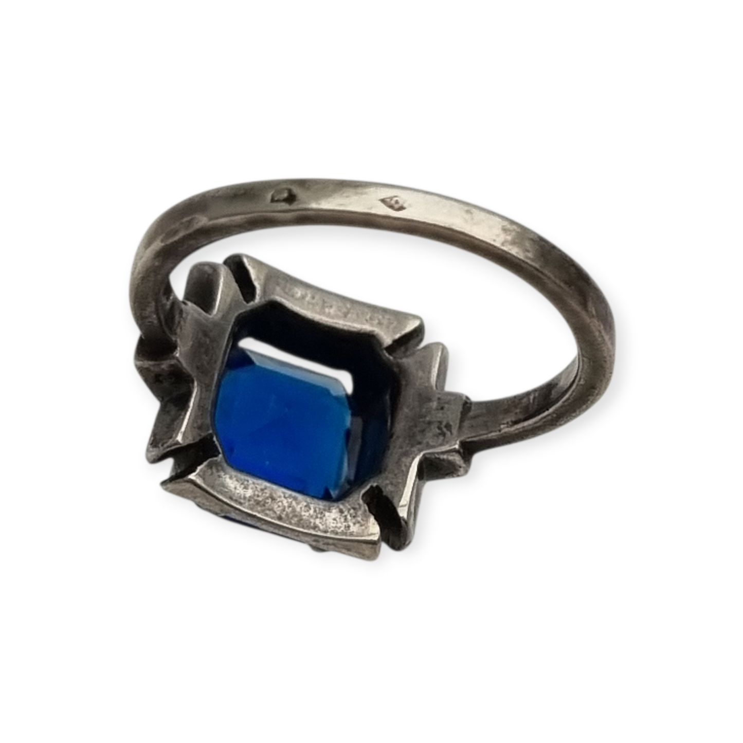 Anillo cóctel plata con piedra azul facetada y pedrería, estilo elegante talla 13, 1980