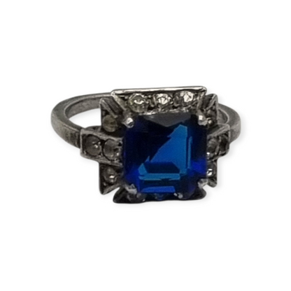 Anillo cóctel plata con piedra azul facetada y pedrería, estilo elegante talla 13, 1980