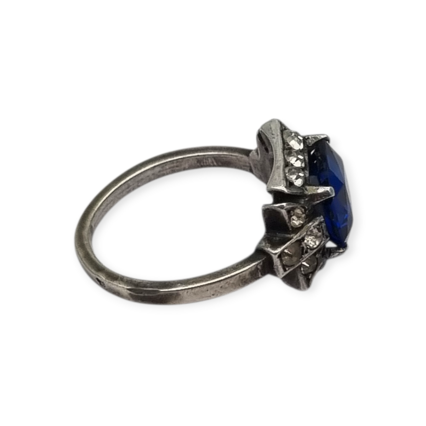Anillo cóctel plata con piedra azul facetada y pedrería, estilo elegante talla 13, 1980