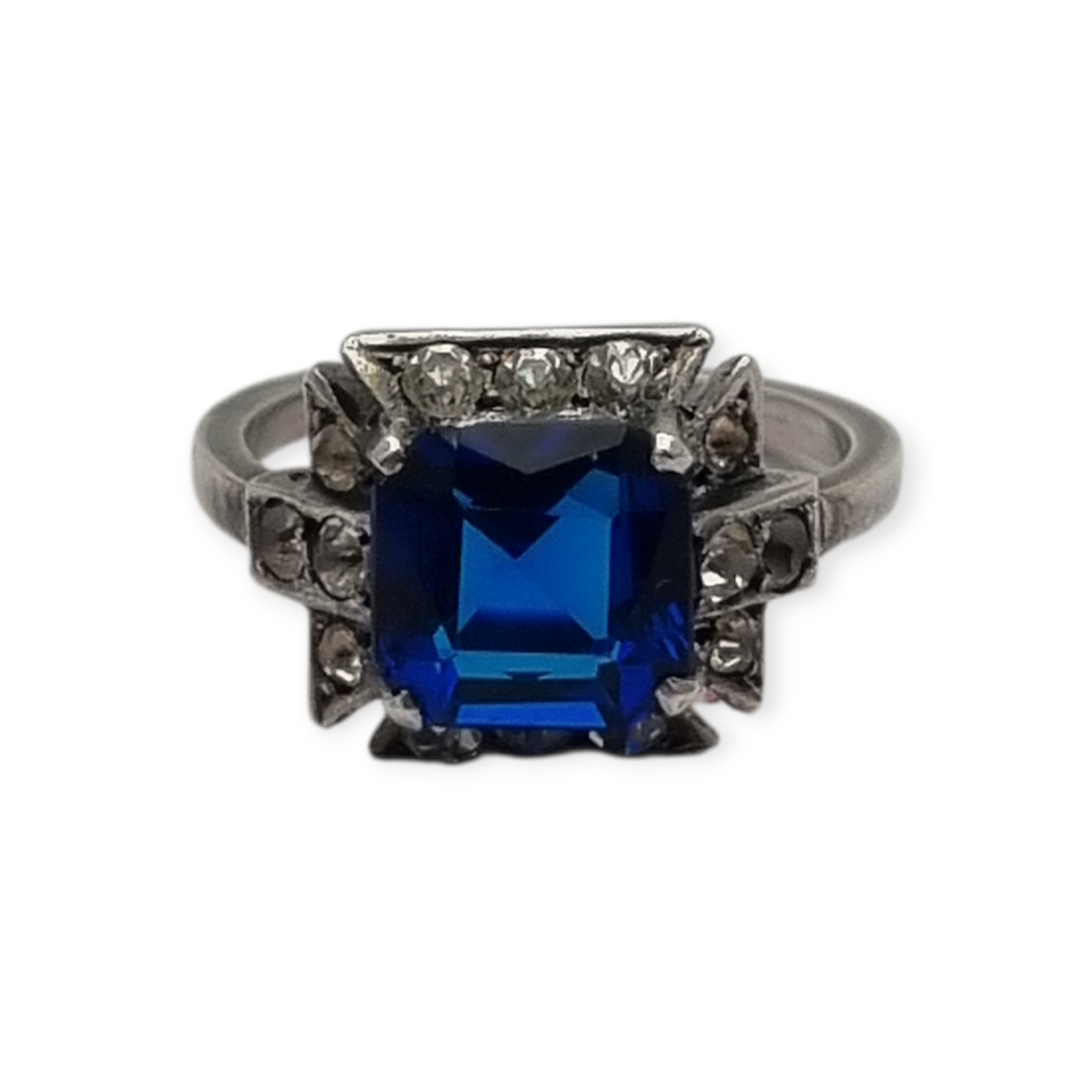 Anillo cóctel plata con piedra azul facetada y pedrería, estilo elegante talla 13, 1980