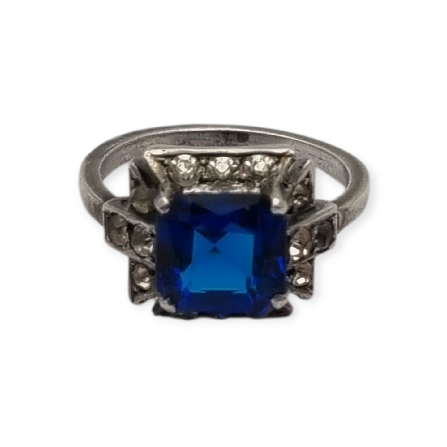 Anillo cóctel plata con piedra azul facetada y pedrería, estilo elegante talla 13, 1980