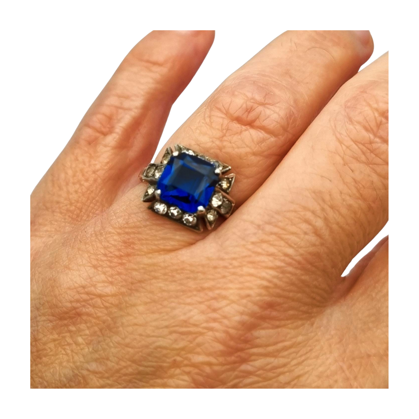Anillo cóctel plata con piedra azul facetada y pedrería, estilo elegante talla 13, 1980