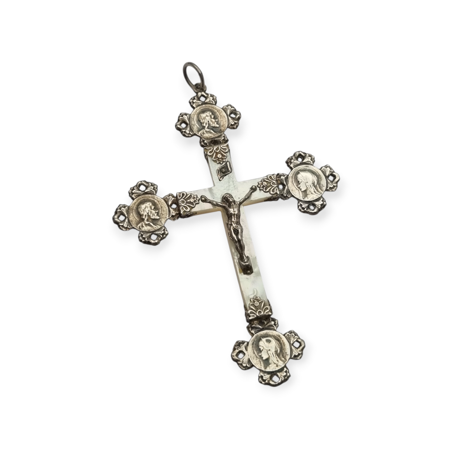 French religious cross in silver and mother-of-pearl with Christ and medallions of saints circa 1910-1920