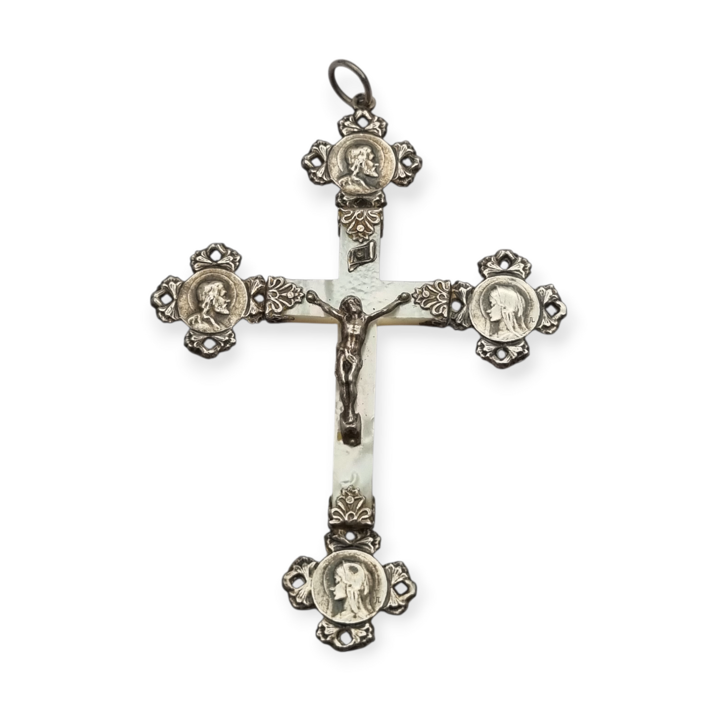 French religious cross in silver and mother-of-pearl with Christ and medallions of saints circa 1910-1920