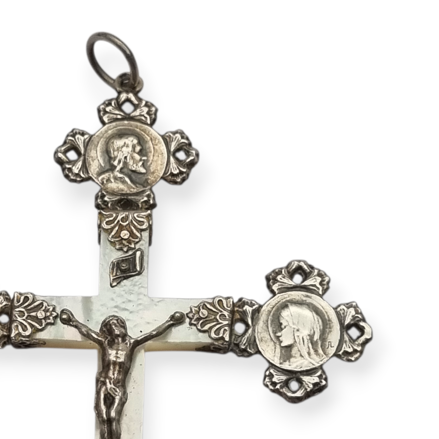 French religious cross in silver and mother-of-pearl with Christ and medallions of saints circa 1910-1920