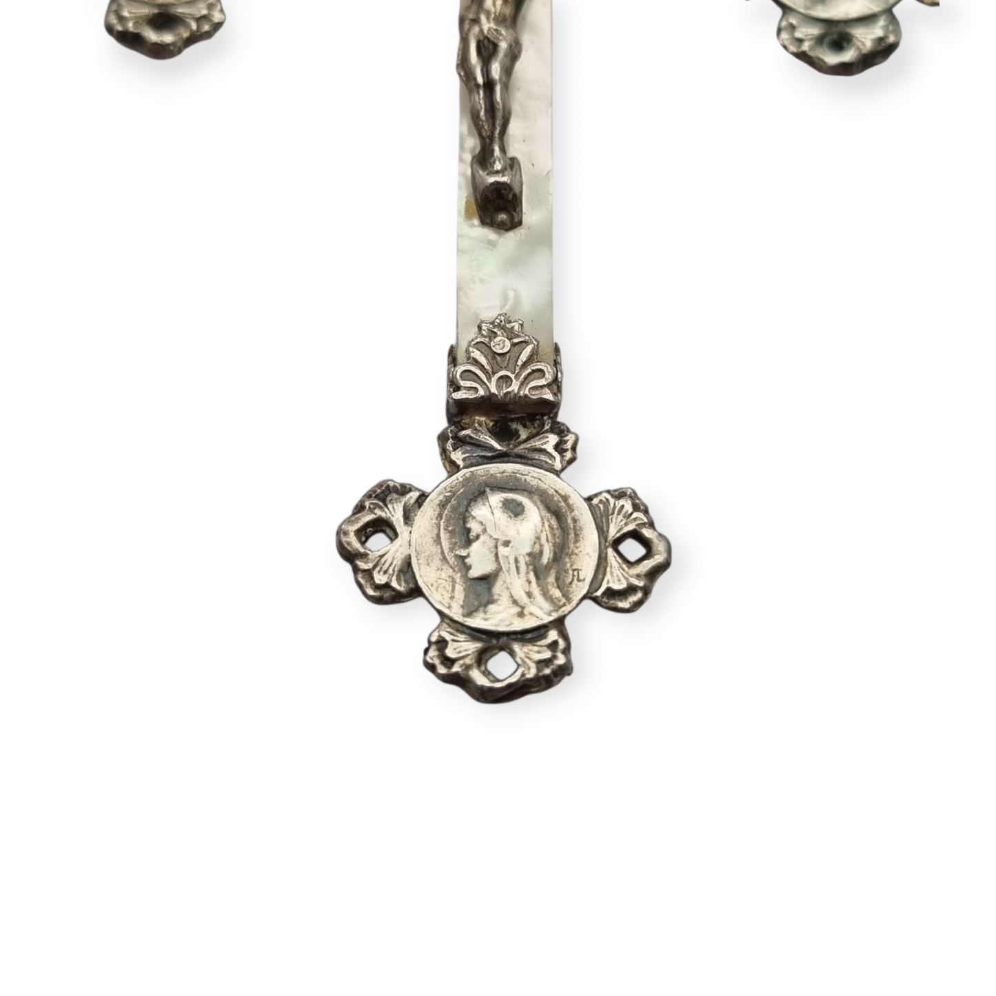 French religious cross in silver and mother-of-pearl with Christ and medallions of saints circa 1910-1920