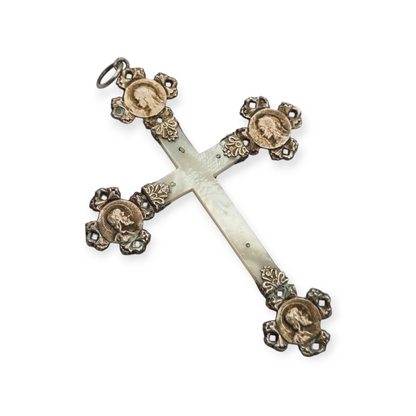 French religious cross in silver and mother-of-pearl with Christ and medallions of saints circa 1910-1920