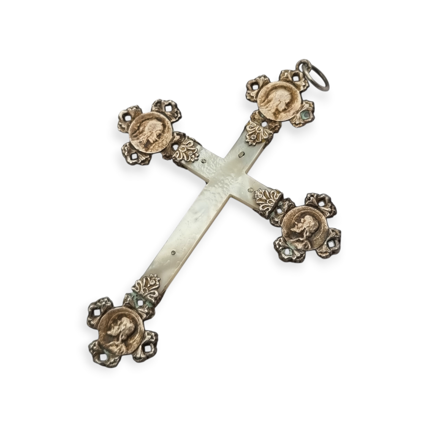 French religious cross in silver and mother-of-pearl with Christ and medallions of saints circa 1910-1920