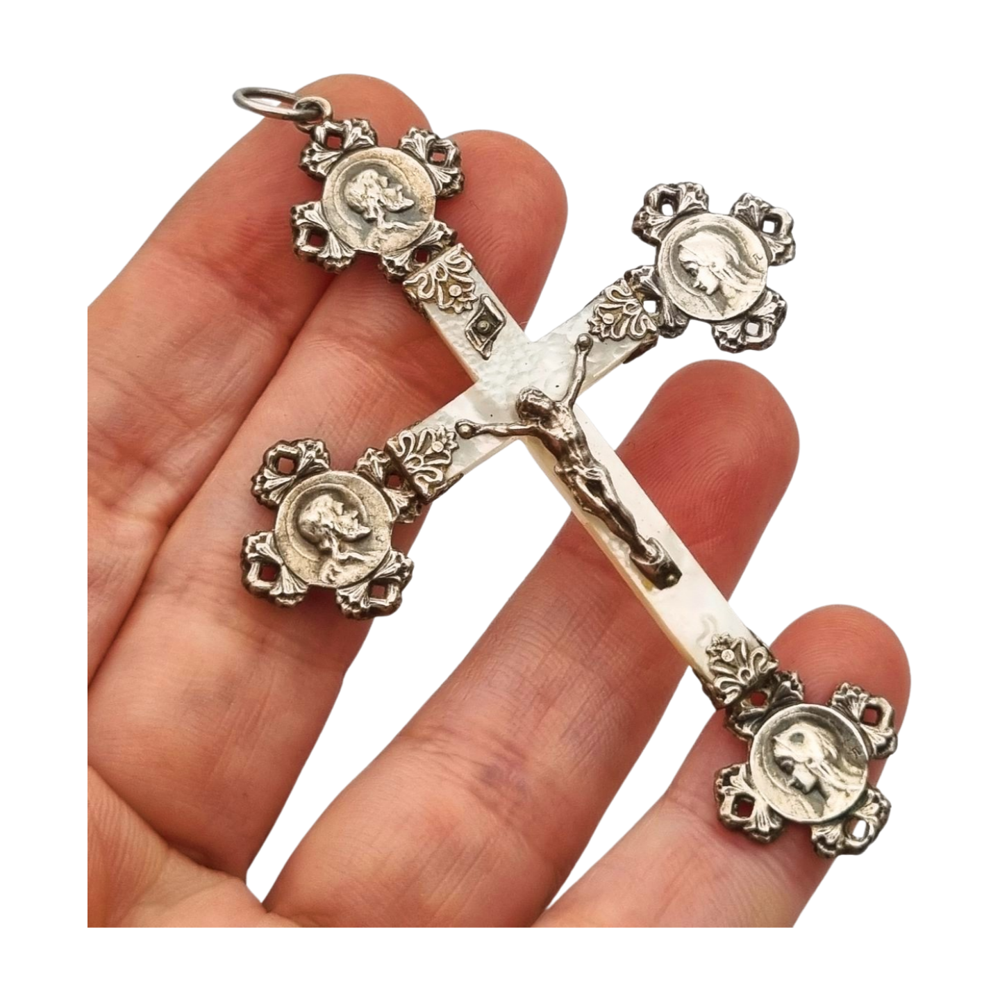 French religious cross in silver and mother-of-pearl with Christ and medallions of saints circa 1910-1920