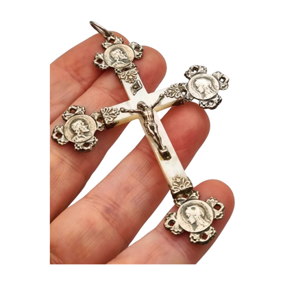 French religious cross in silver and mother-of-pearl with Christ and medallions of saints circa 1910-1920