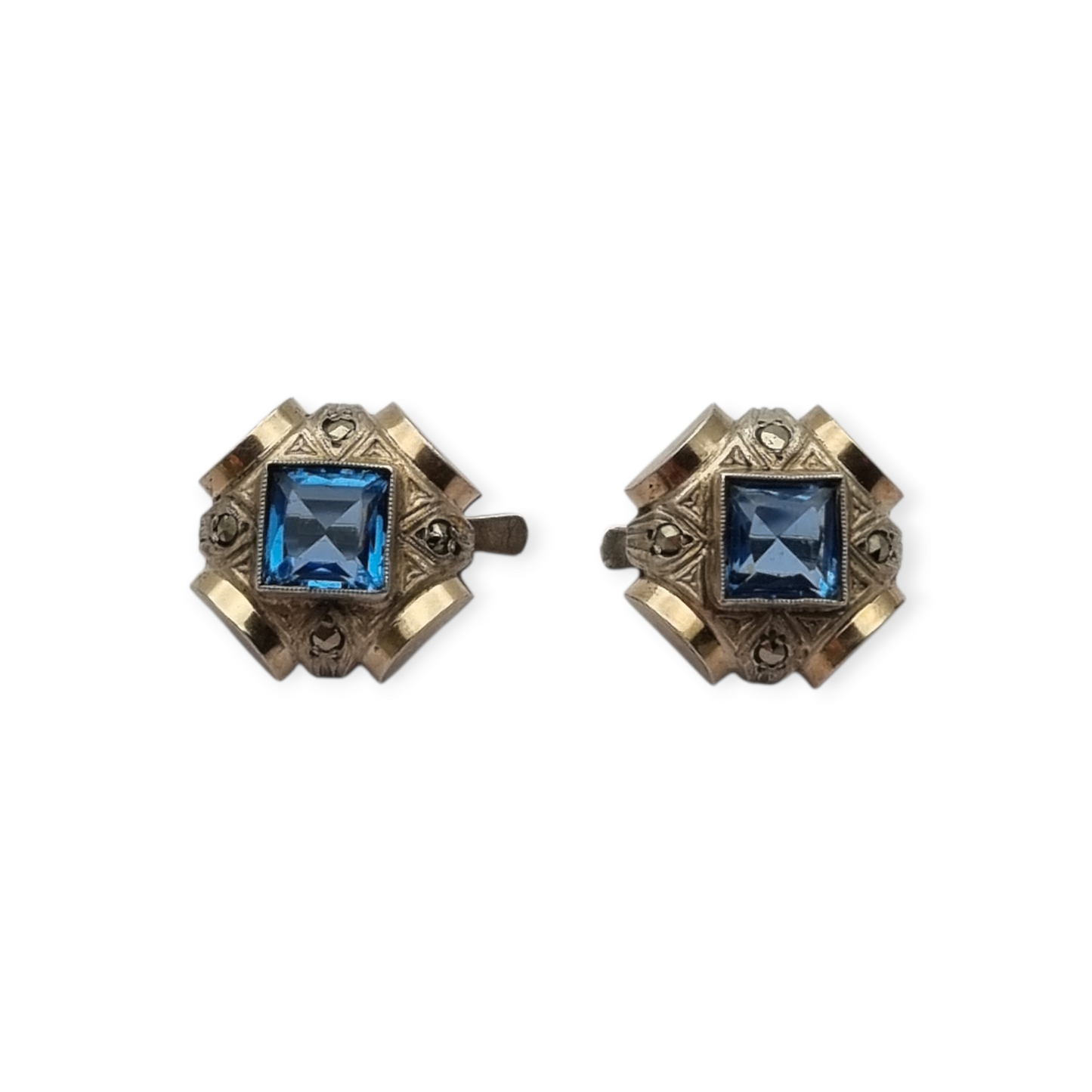Pendientes Art Déco catalán plata y piedra azul estilo aguamarina, circa 1930-40