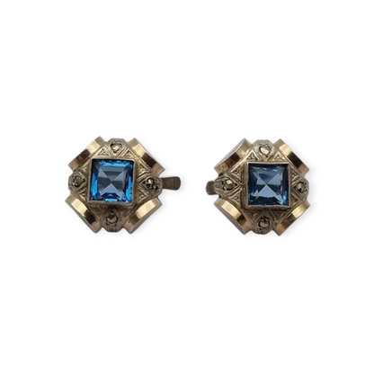 Pendientes Art Déco catalán plata y piedra azul estilo aguamarina, circa 1930-40