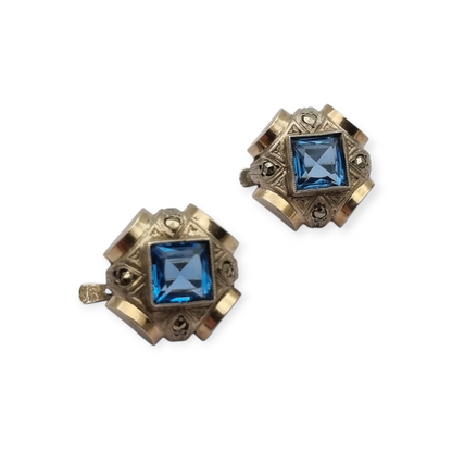 Pendientes Art Déco catalán plata y piedra azul estilo aguamarina, circa 1930-40