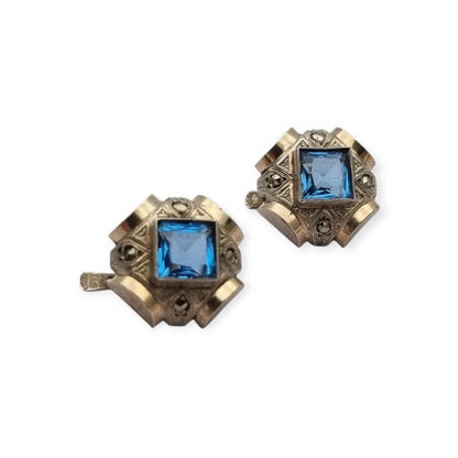 Pendientes Art Déco catalán plata y piedra azul estilo aguamarina, circa 1930-40
