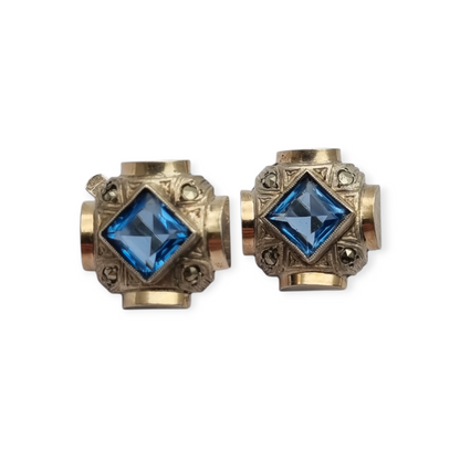 Pendientes Art Déco catalán plata y piedra azul estilo aguamarina, circa 1930-40