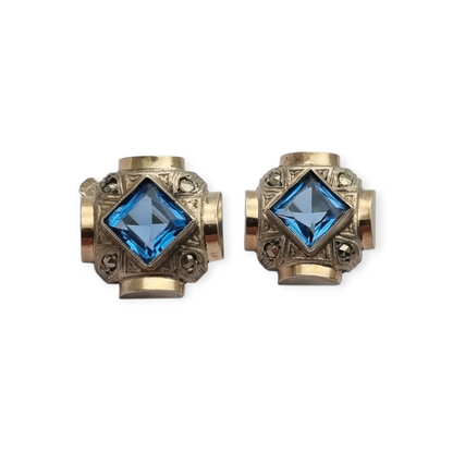 Pendientes Art Déco catalán plata y piedra azul estilo aguamarina, circa 1930-40
