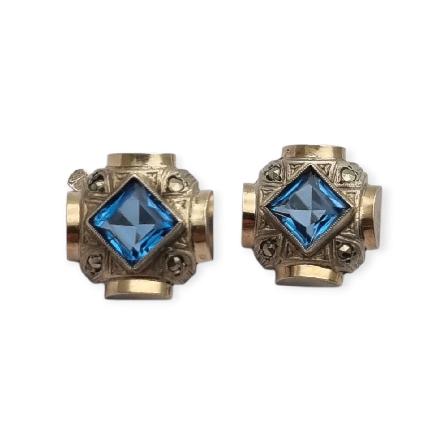 Pendientes Art Déco catalán plata y piedra azul estilo aguamarina, circa 1930-40