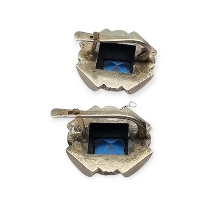 Pendientes Art Déco catalán plata y piedra azul estilo aguamarina, circa 1930-40