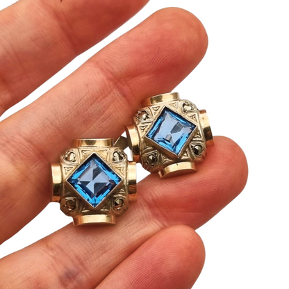 Pendientes Art Déco catalán plata y piedra azul estilo aguamarina, circa 1930-40
