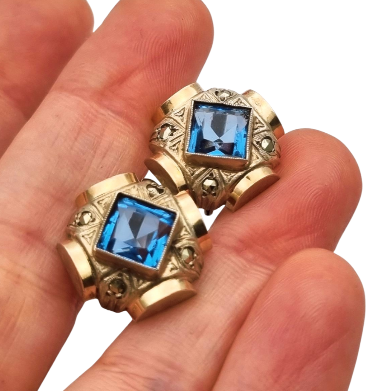 Pendientes Art Déco catalán plata y piedra azul estilo aguamarina, circa 1930-40