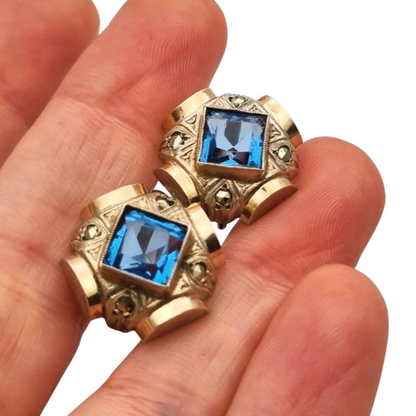 Pendientes Art Déco catalán plata y piedra azul estilo aguamarina, circa 1930-40
