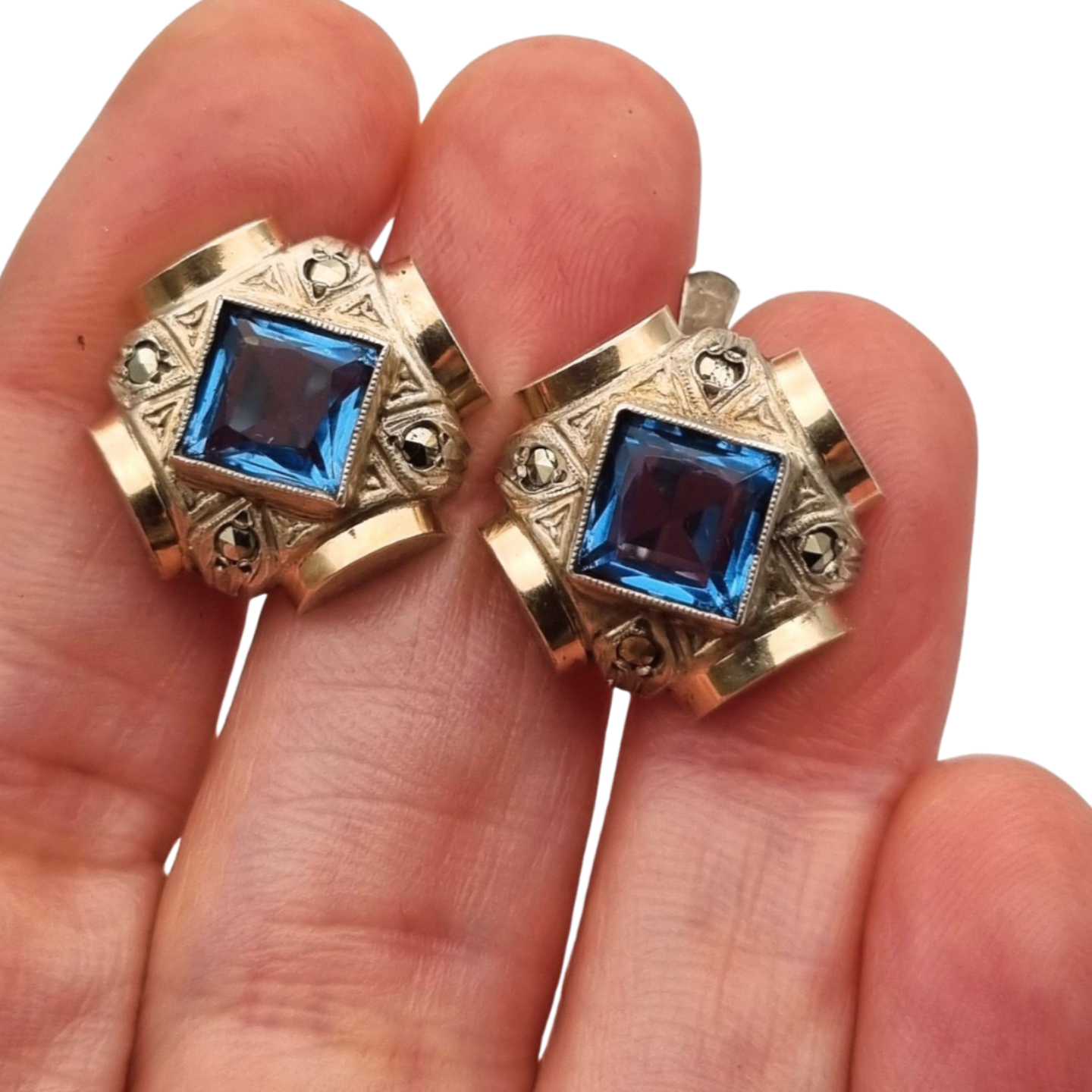 Pendientes Art Déco catalán plata y piedra azul estilo aguamarina, circa 1930-40