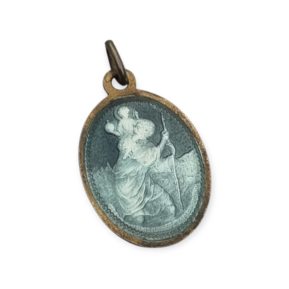 Medalla antigua San Cristóbal esmalte azul protector viajeros Europa, circa 1950-60