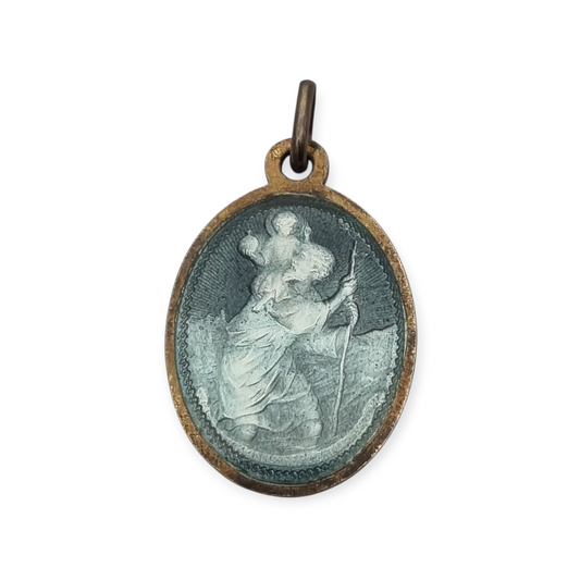 Medalla antigua San Cristóbal esmalte azul protector viajeros Europa, circa 1950-60