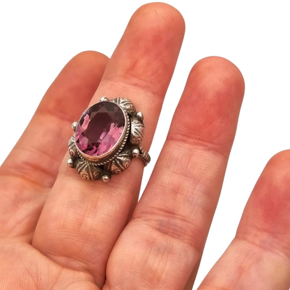 Antique Art Deco silver ring with faceted oval lilac stone, 1940s-50s