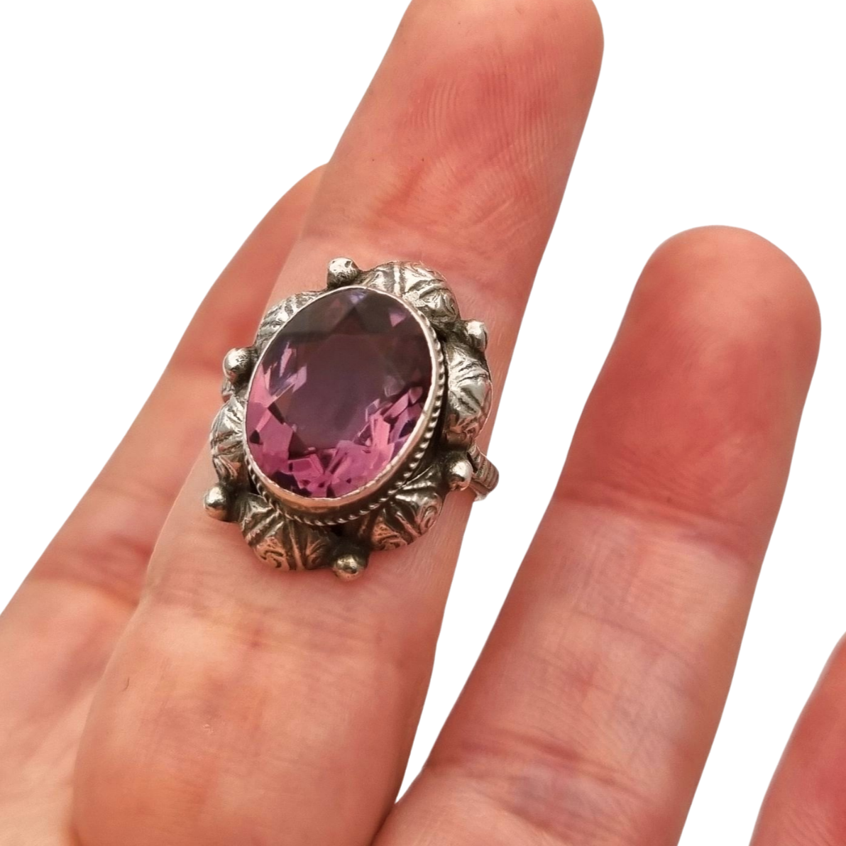 Antique Art Deco silver ring with faceted oval lilac stone, 1940s-50s