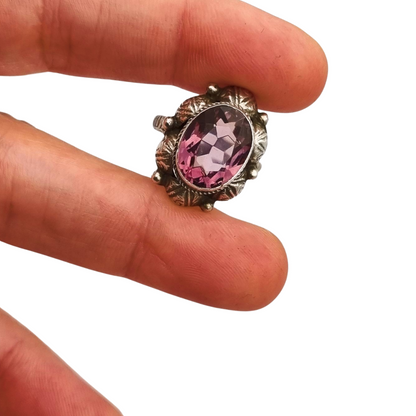 Antique Art Deco silver ring with faceted oval lilac stone, 1940s-50s