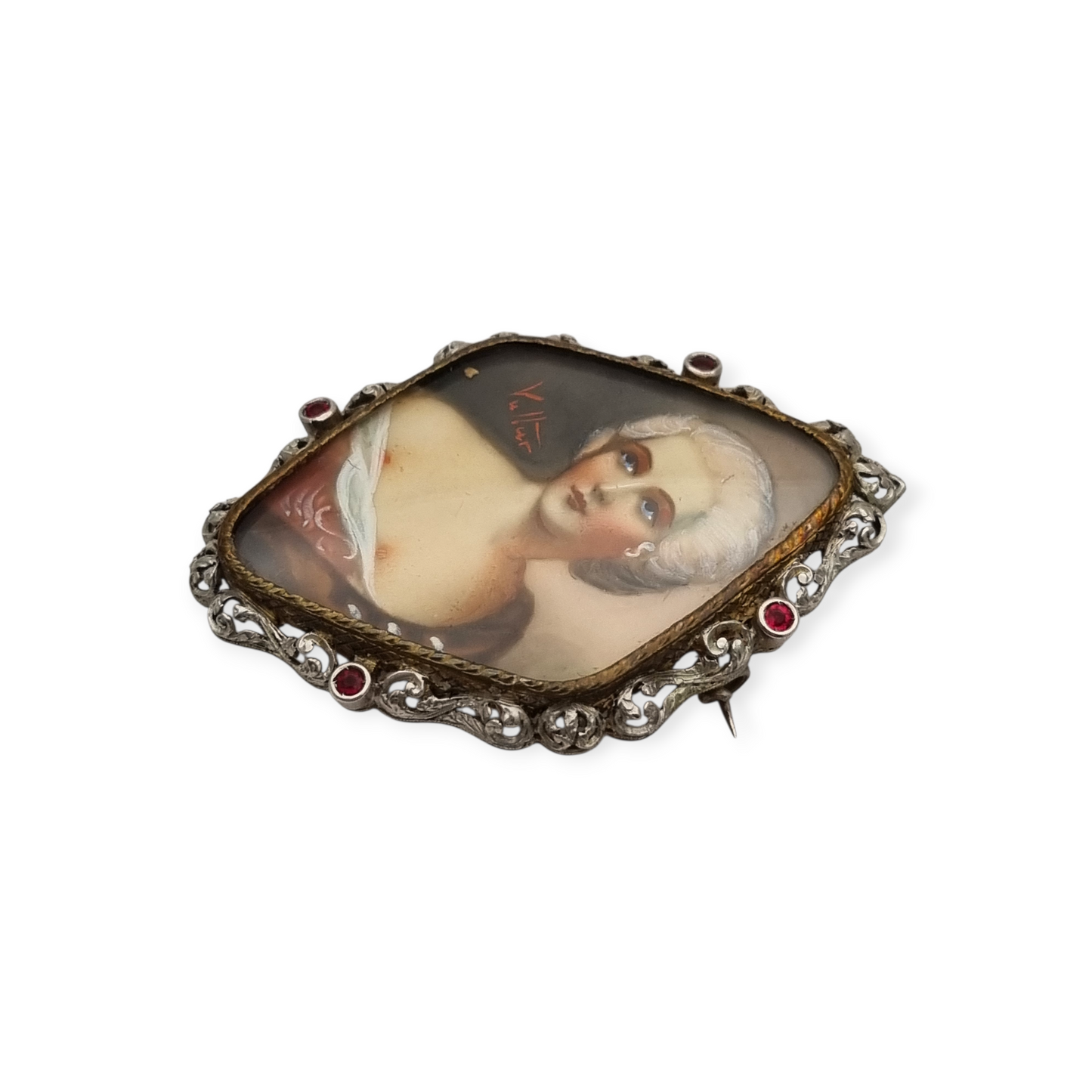 Broche victoriano miniatura pintada firmado Vultur de plata y vermeil, circa 1880