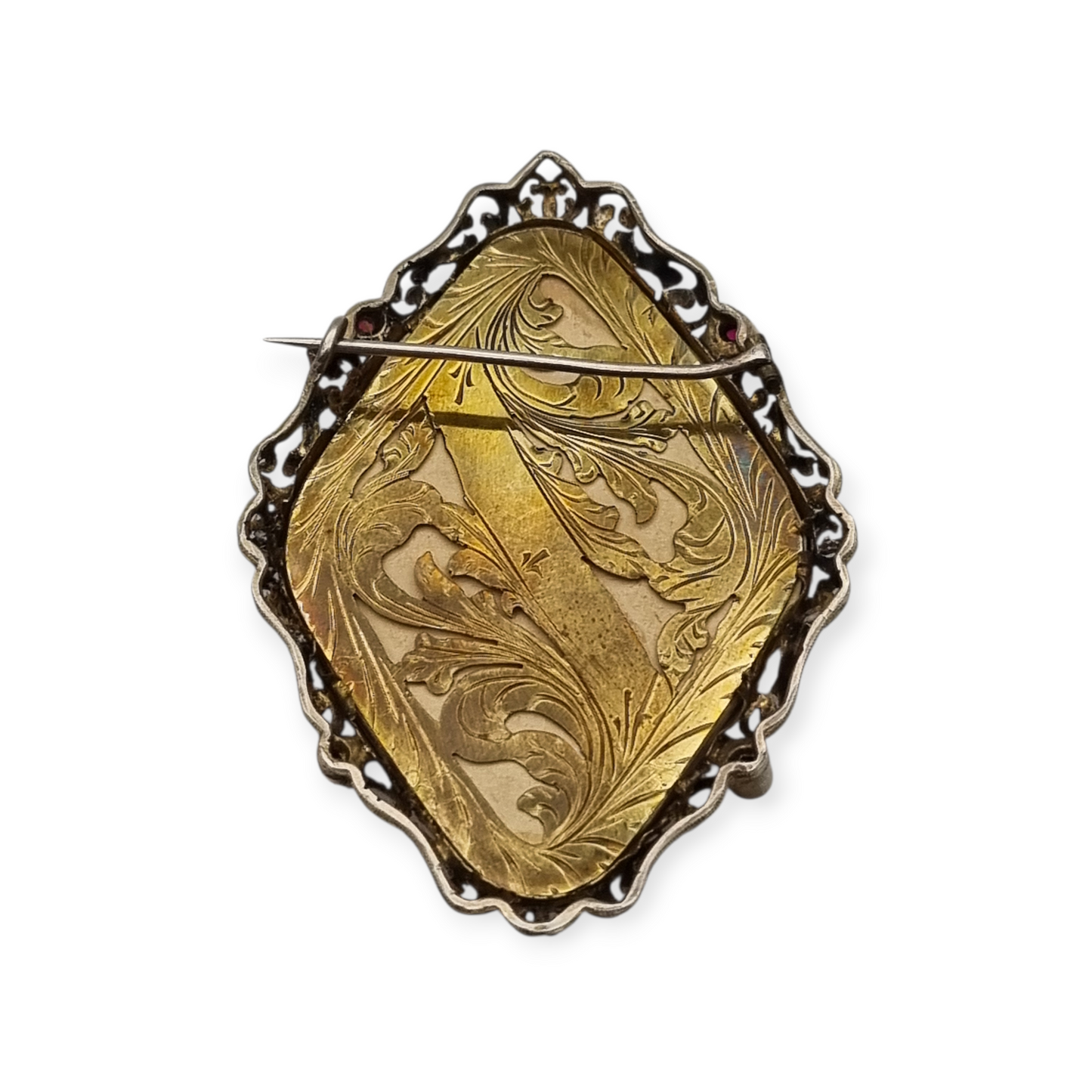 Broche victoriano miniatura pintada firmado Vultur de plata y vermeil, circa 1880