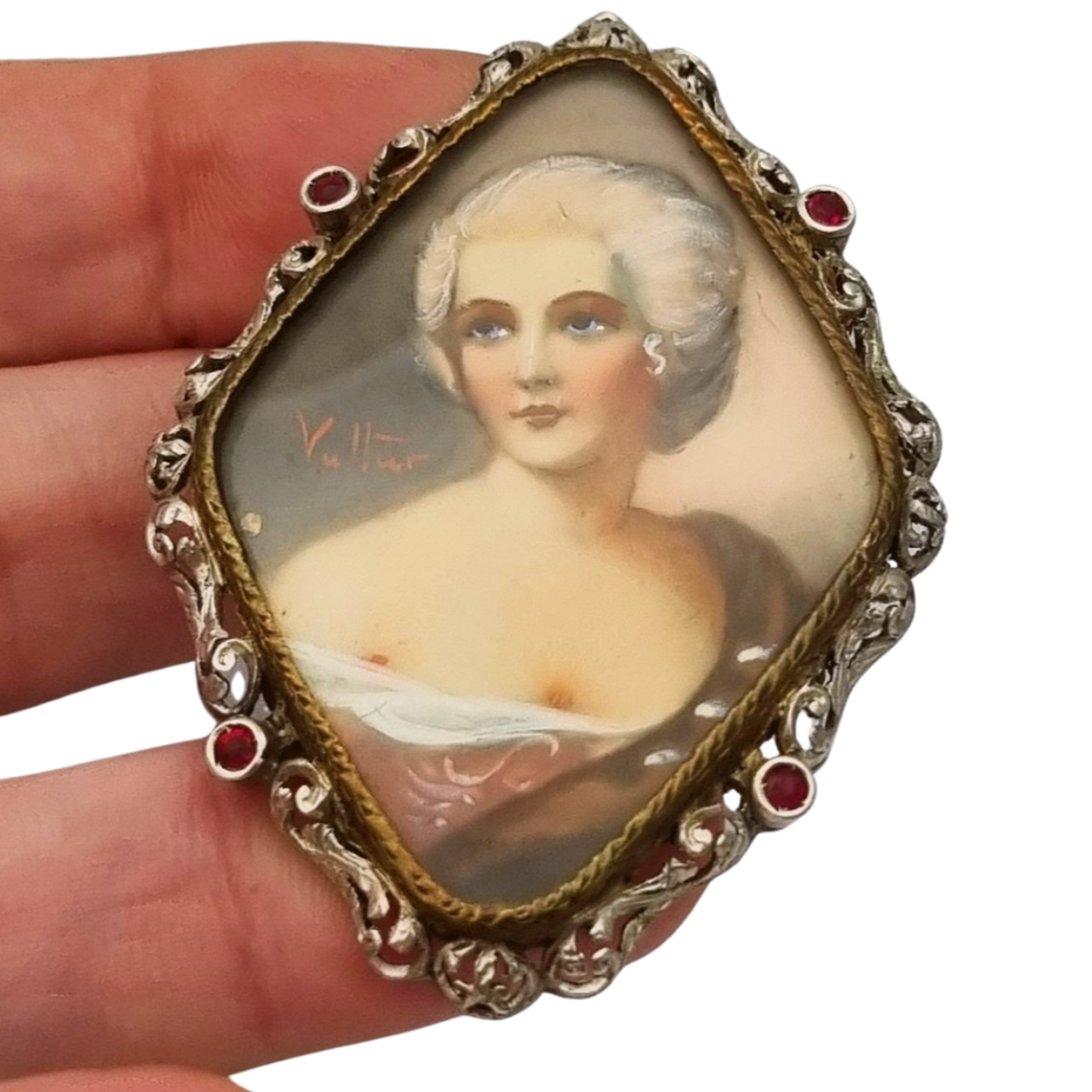 Broche victoriano miniatura pintada firmado Vultur de plata y vermeil, circa 1880