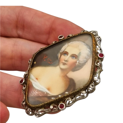 Broche victoriano miniatura pintada firmado Vultur de plata y vermeil, circa 1880