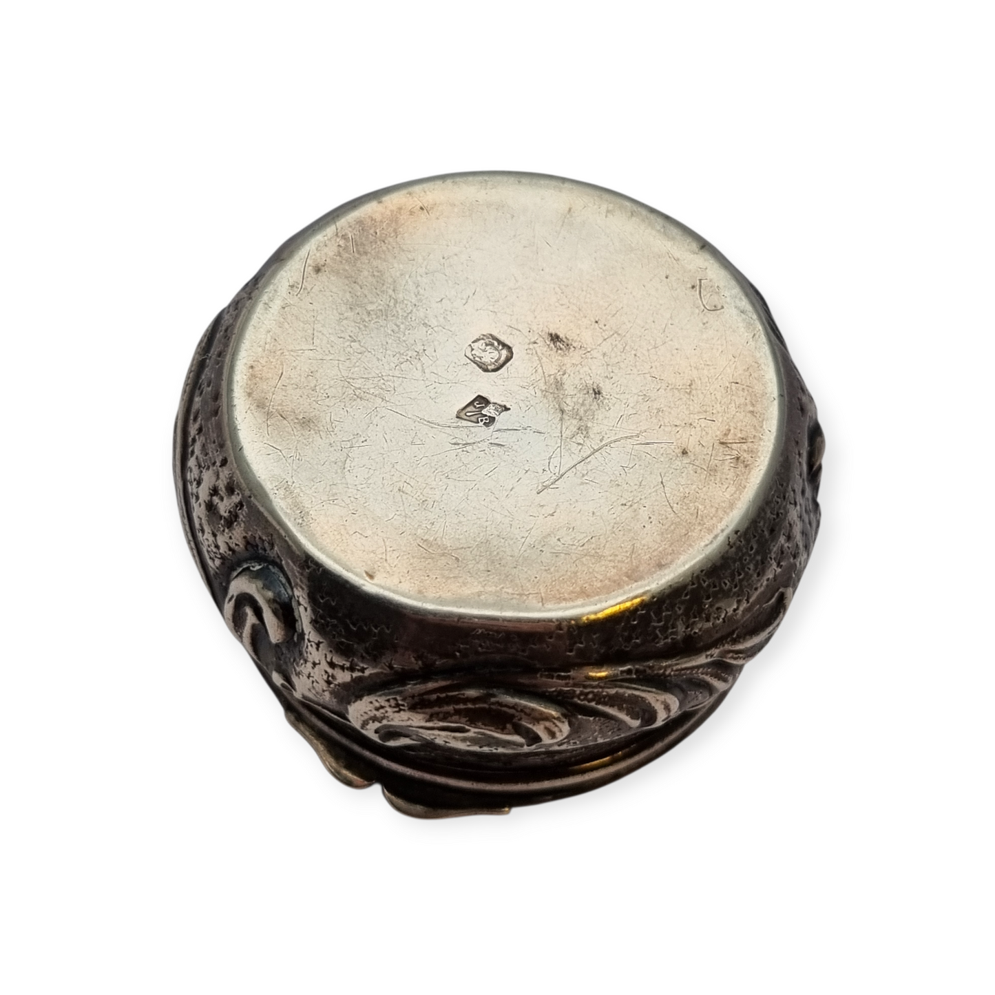 Art Nouveau silver chatelaine box with floral relief, signed JB, France, circa 1920.