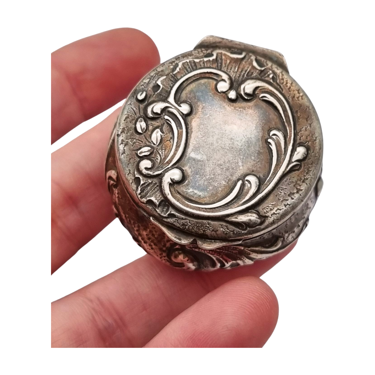 Art Nouveau silver chatelaine box with floral relief, signed JB, France, circa 1920.