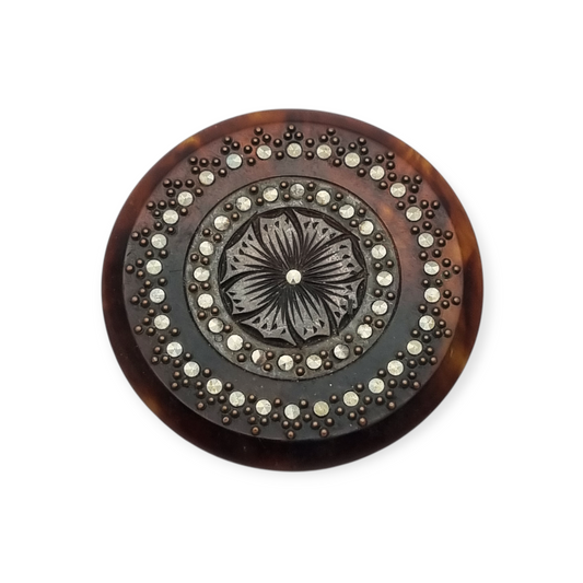 Broche redondo vintage celuloide tallado y marquesitas floral años 50-60