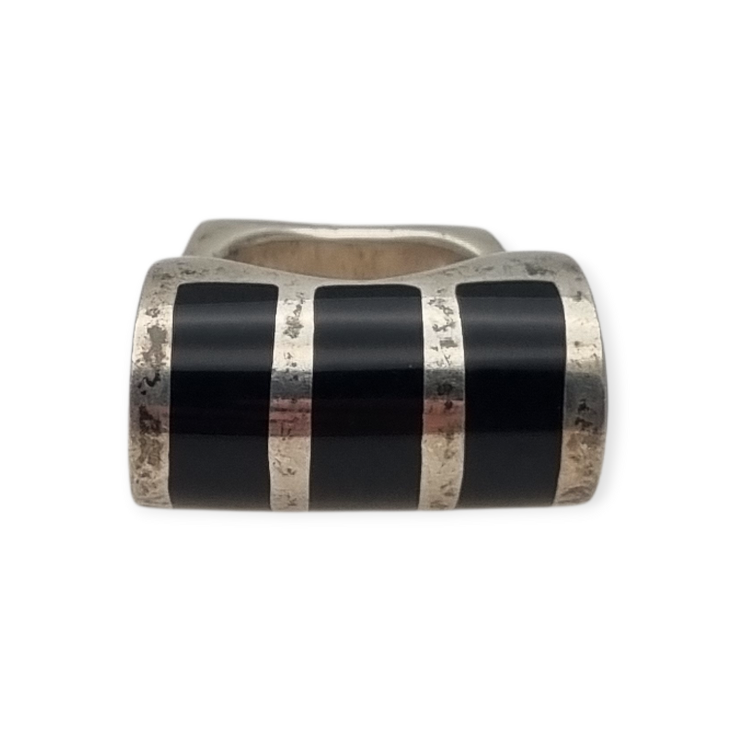 Anillo de diseño geométrico de plata y ónix negro, muy original, 1980