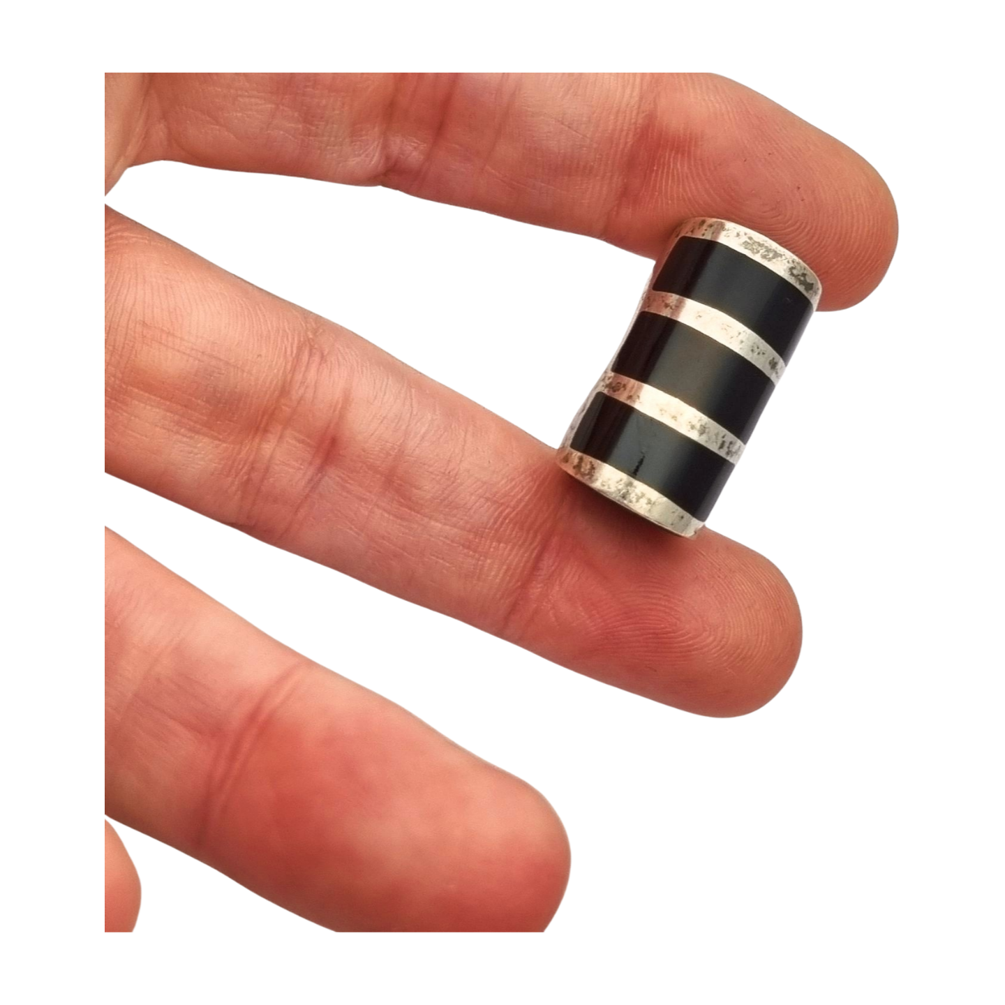 Anillo de diseño geométrico de plata y ónix negro, muy original, 1980