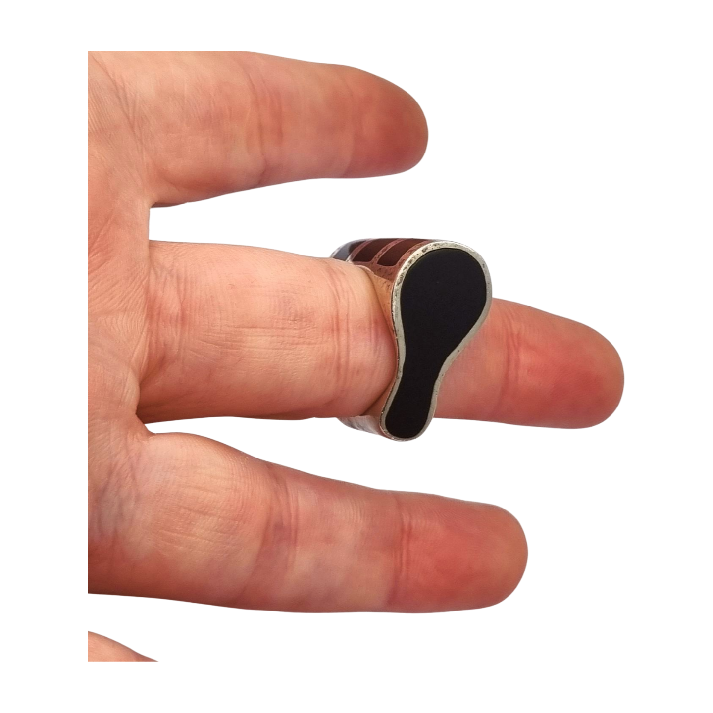 Anillo de diseño geométrico de plata y ónix negro, muy original, 1980