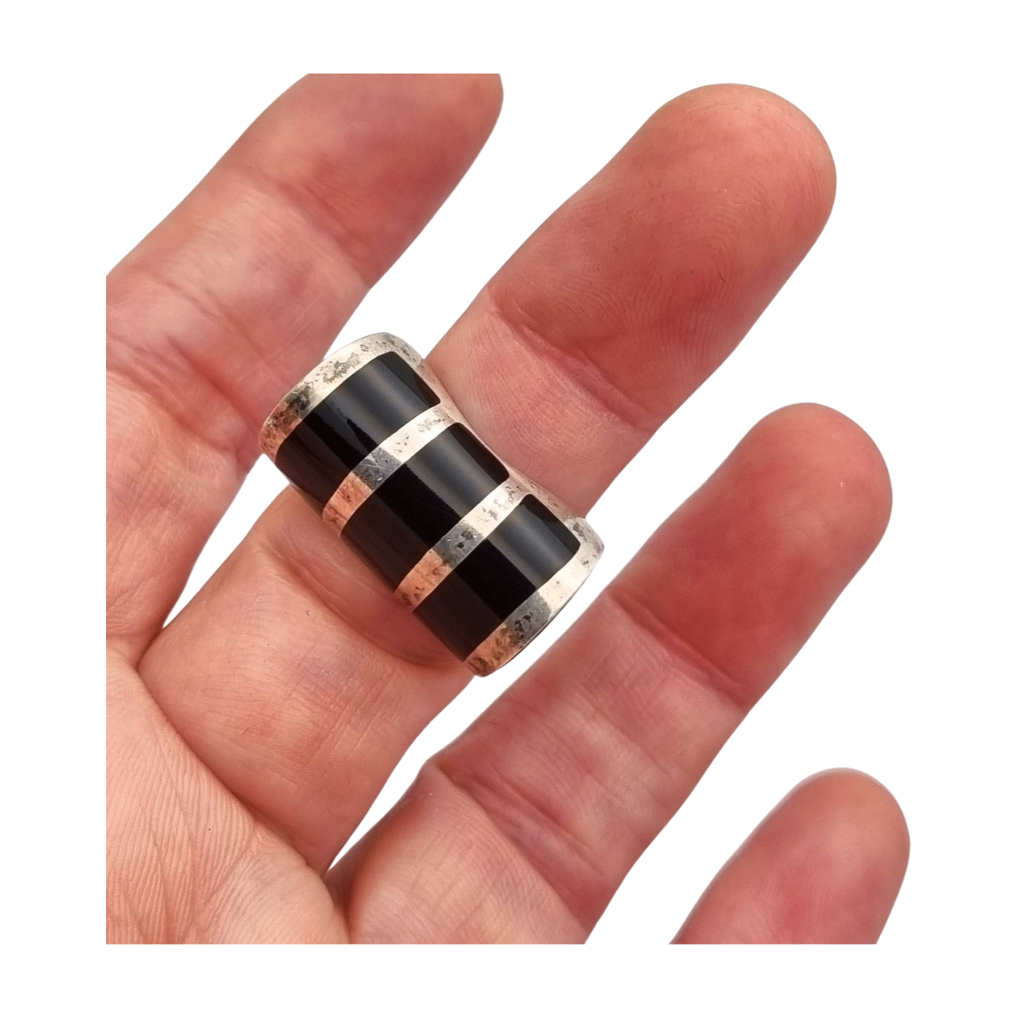 Anillo de diseño geométrico de plata y ónix negro, muy original, 1980