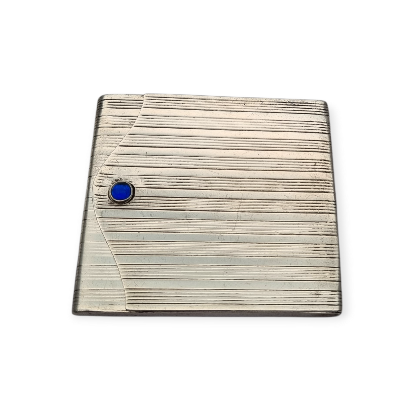 Caja de cerillas Art Deco en plata 800 estriada con cabujón azul, Europa 1930-40