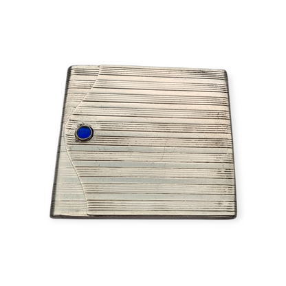 Caja de cerillas Art Deco en plata 800 estriada con cabujón azul, Europa 1930-40