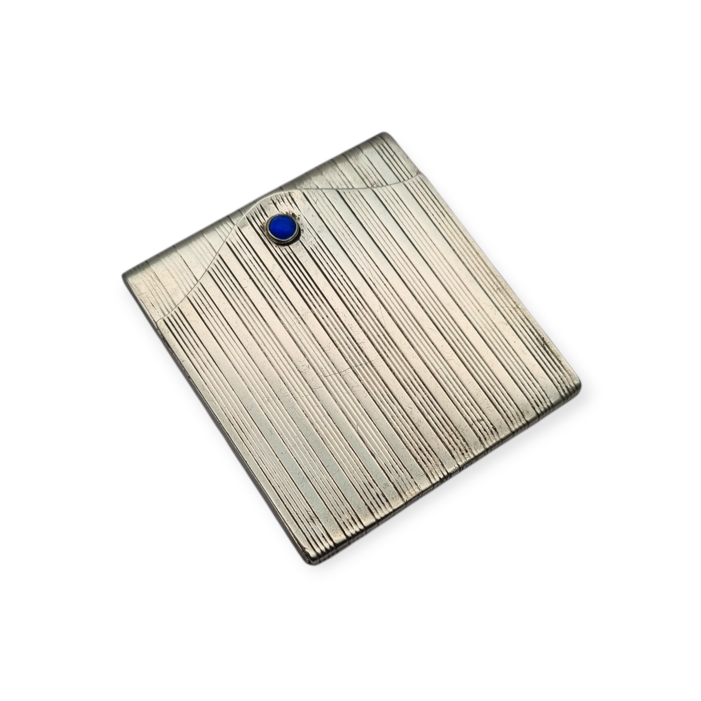 Caja de cerillas Art Deco en plata 800 estriada con cabujón azul, Europa 1930-40