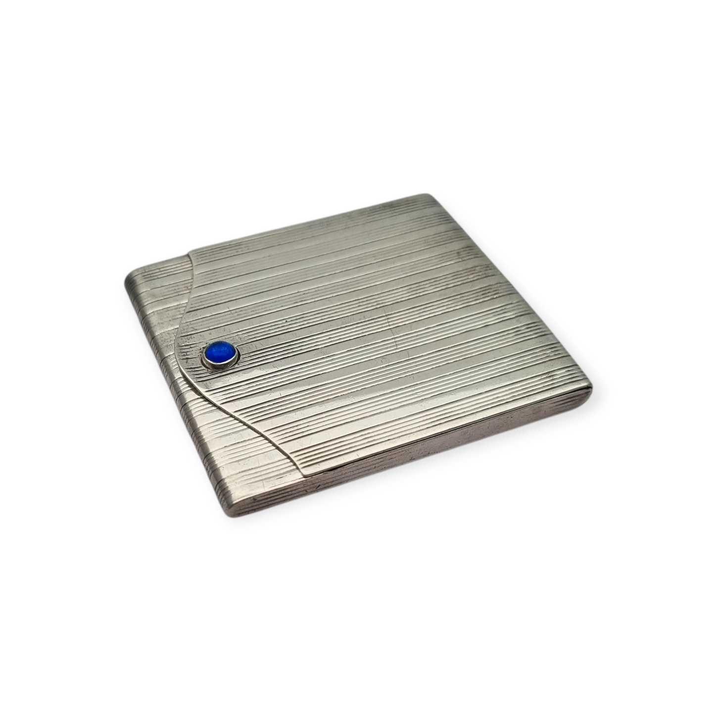 Caja de cerillas Art Deco en plata 800 estriada con cabujón azul, Europa 1930-40