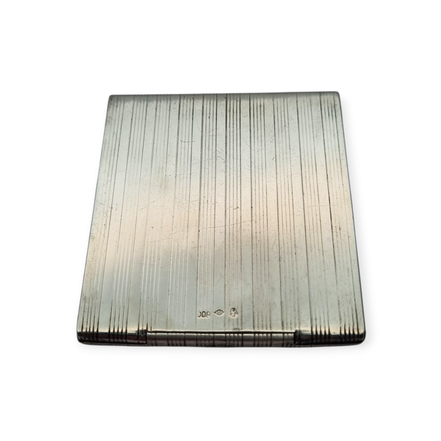 Caja de cerillas Art Deco en plata 800 estriada con cabujón azul, Europa 1930-40