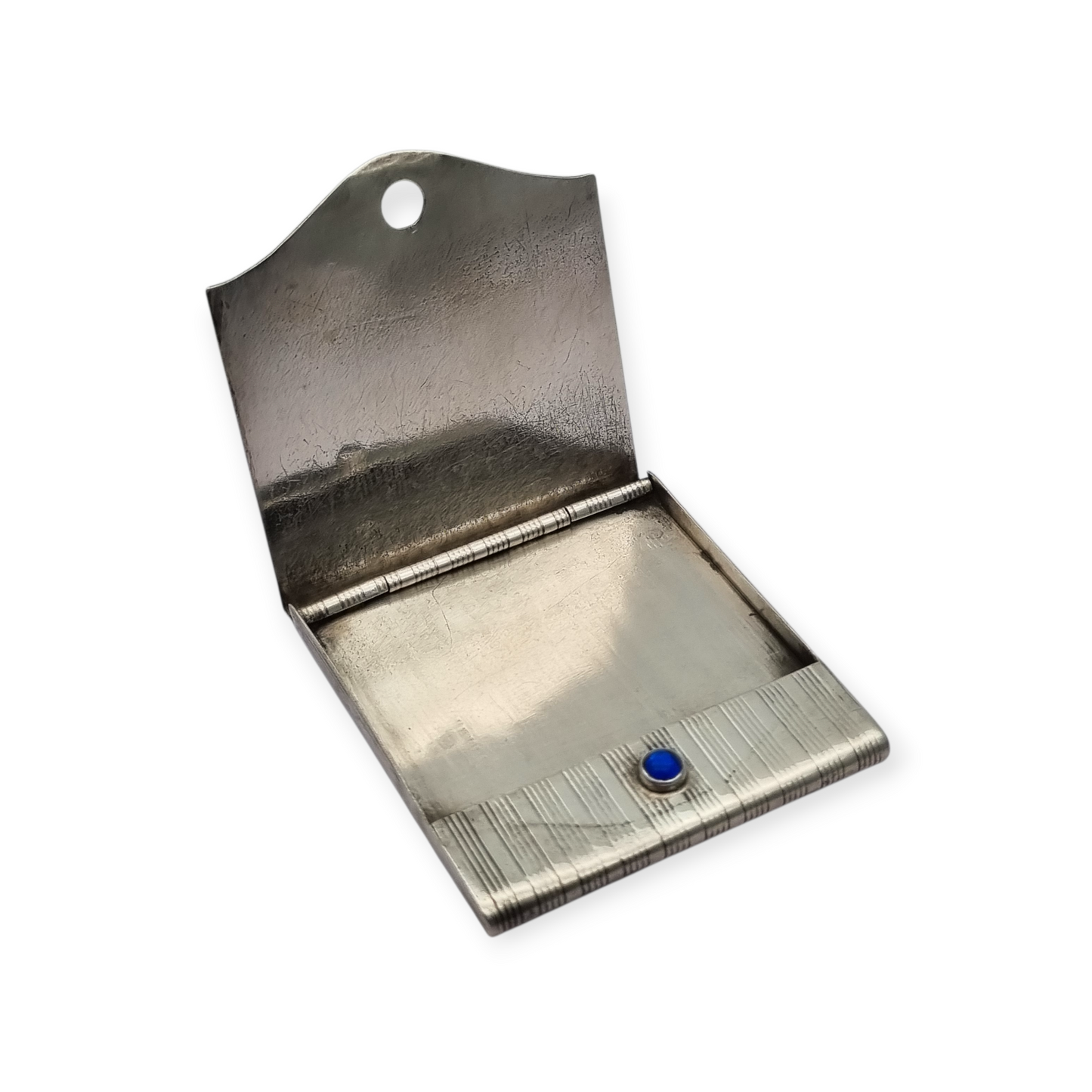 Caja de cerillas Art Deco en plata 800 estriada con cabujón azul, Europa 1930-40