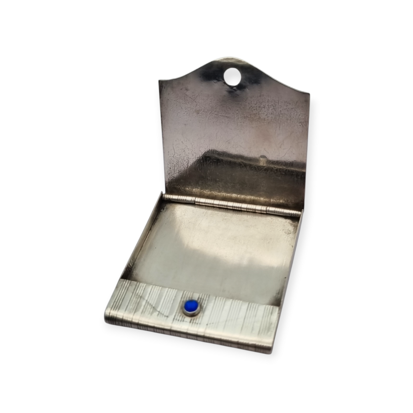 Caja de cerillas Art Deco en plata 800 estriada con cabujón azul, Europa 1930-40