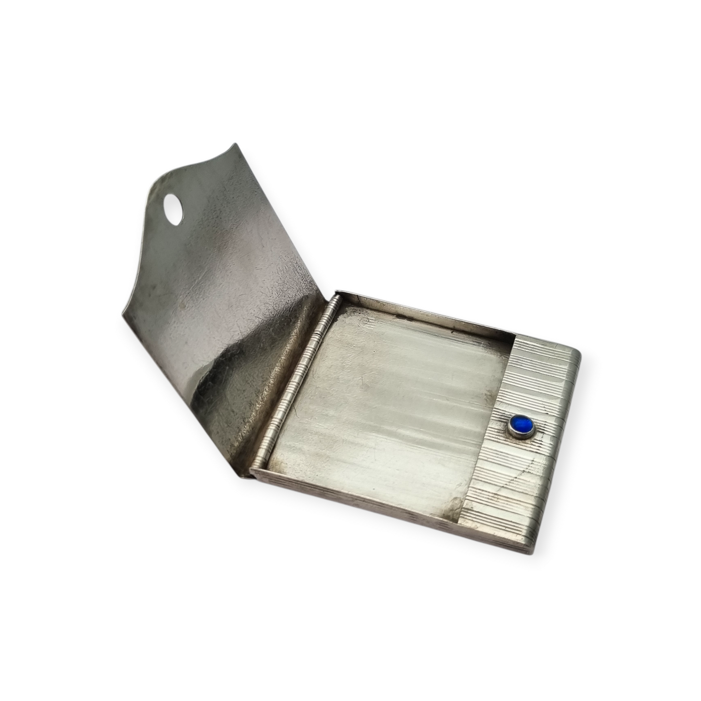 Caja de cerillas Art Deco en plata 800 estriada con cabujón azul, Europa 1930-40